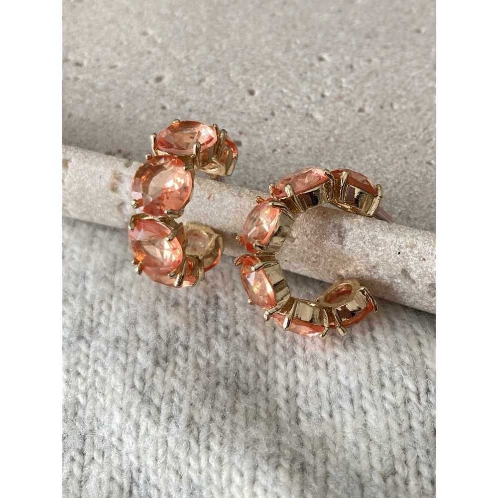 Gold Tone Peach‎ Rhinestone Hoop Earrings Faceted Crystal Statement Romantic